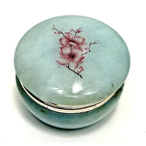 Vintage Hand Carved Genuine Alabaster 2.75" Trinket Box Italy Cherry Blossom